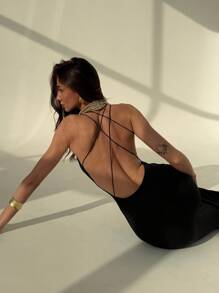 Aloruh Sexy Spaghetti Strap Backless Bodycon Dress For Women - Black - View 5