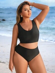 Swim Lushoire Plus Size 4pcs/Set All-Match Casual Sporty Tankini Set, Versatile, For Summer Beach Vacation