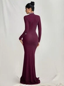 SHEIN Belle Women Knitted Hollow Beaded Waist Ruched Evening Dress, Formal Occasion, Wedding Guest Dress For Music Festival Spring/Summer, Party Dress - Purple - View 3