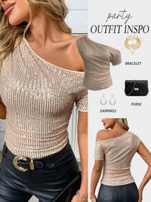 SHEIN Clasi Top elegante para fiesta con un hombro con decoración de lentejuelas, adecuado para Año Nuevo, cumpleaños, Día de San Valentín