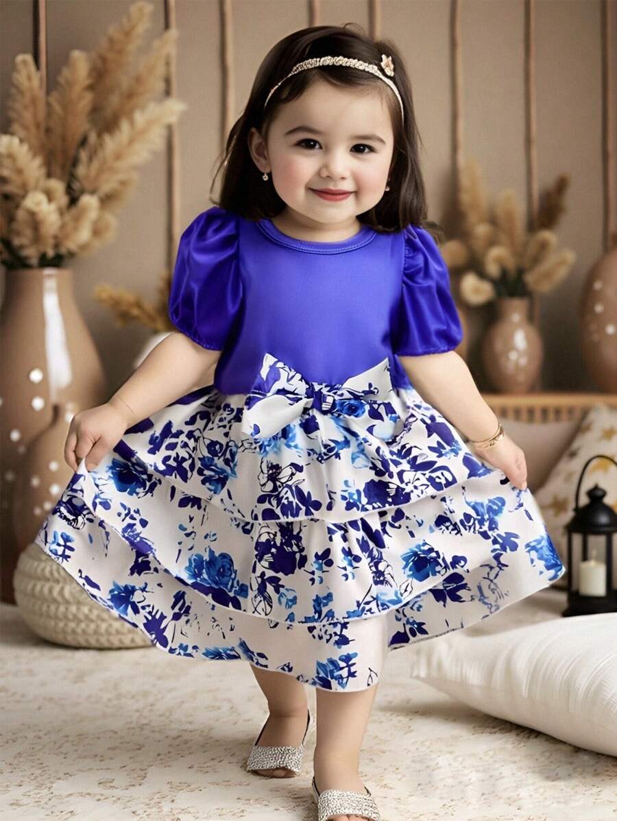SHEIN 0-3 岁女婴幼儿优雅节日和日常穿着蓝白复古花卉泡泡袖蛋糕裙及膝连衣裙,适合户外 - 藍色 - 查看 1