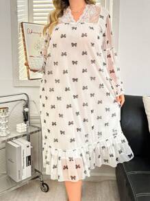 Plus Size Lightweight See-Through Lace Night Dress, Suitable For Spring/Summer - White - View 4