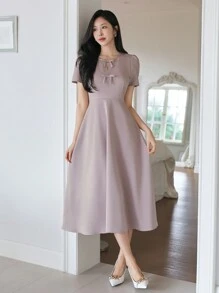 Wynsel Women's Short Sleeve V-Neck Bowknot Decor Dress Elegant Sundress