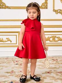 SHEIN Baby Girl Palace Style Ruffled Collar Sleeveless Midi Dress - Red - View 4