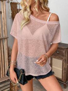 Breezaya Áo cánh mỏng cổ bất đối xứng màu trơn thường ngày cho nữ, mùa hè - Hồng - Xem 4