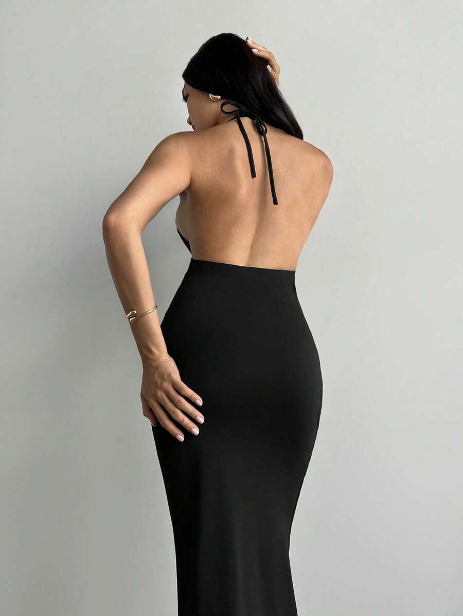 Aloruh Women's Elegant Sexy Lace Patchwork Backless Bodycon Dress Valentine Day - Black - View 1