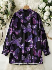 Lacomfia Plus Size Women's Purple Butterfly Printed Casual Loose Spring Autumn Blouse - Black - View 2