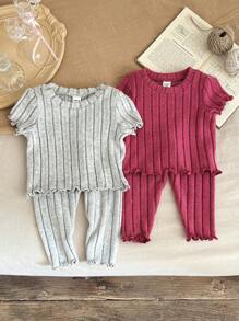 SHEIN LMoss Kids Baby Girls 4pcs Casual Crew Neck Ruffle Trim Ribbed Knit Top And Pants Pajamas Set - Multicolor - View 5