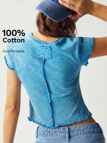 Bohemela 女士修身休闲纯色圆领短袖 T 恤 - 藍色 - 查看 1