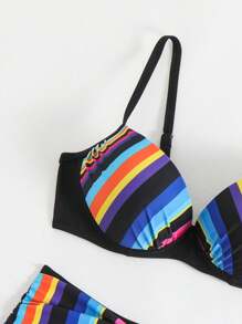 SHEIN Beach Outfits For Women: Modest Hardcup Printed Striped Bikini 2 Pieces Set For Summer Vacation - Multicolor - View 5