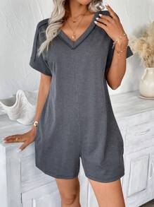 SHEIN LUNE Plus Size Women's Casual Romper With Pockets Summer Cozy Fit Chillax Slouchy Casual Style Relaxed Outfit Vacation Style Holiday Outfits Boho Bohemian Summer Clothes Women Summer Sets Women Clothes Women Plus Clothing Business Casual Women Plus Clothing Formal - Grey - View 7