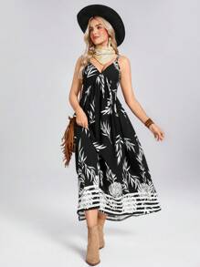 SHEIN LUNE Summer Vintage American Music Festival Tropical Vacation Beach Sleeveless Palm Leaf Print Dress - Black - View 1