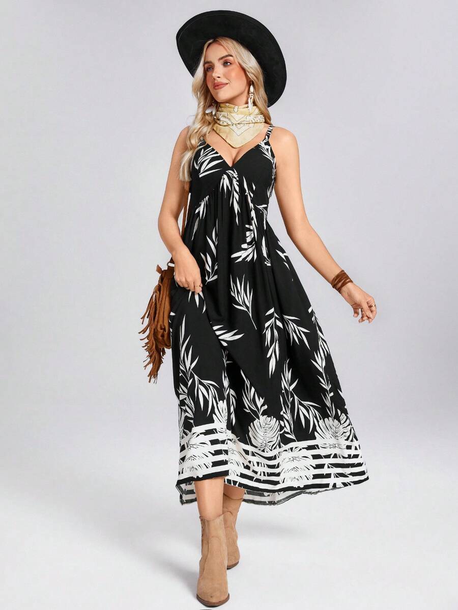 SHEIN LUNE Summer Vintage American Music Festival Tropical Vacation Beach Sleeveless Palm Leaf Print Dress - Black - View 1