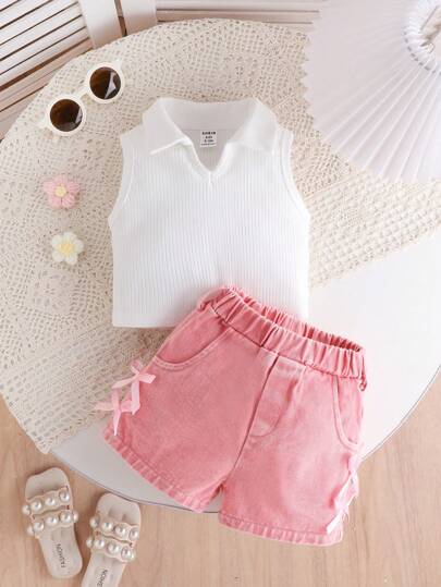 SHEIN Playful Pals 女婴甜美优雅休闲白色罗纹无袖上衣搭配粉色牛仔水洗短裤蝴蝶结装饰，夏季服装