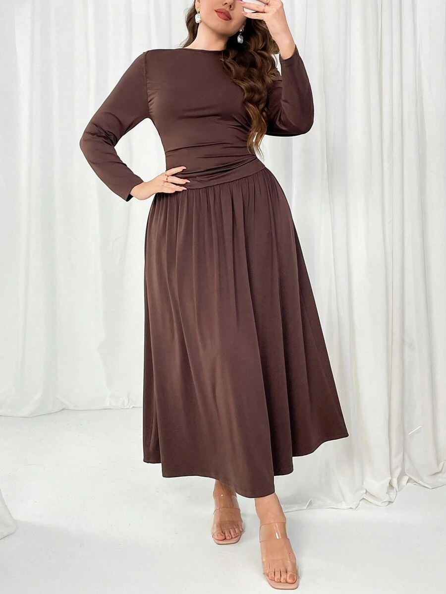 Firerie Plus Size Women's Elegant Vacation Beach Casual Stretchy Fitted Long Sleeve Dress, Suitable For Date, Party, High-End Restaurant, Versatile Spring