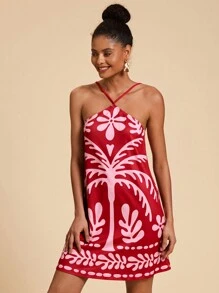 Travachic Vestido corto de punto con escote descubierto y estampado de palmeras para mujer