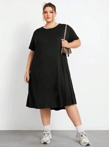 SHEIN CURVE+ Loose Fit Super Plus Size Comfortable Stretchy Long Short Sleeve Black Casual Dress, Basic Versatile Summer
