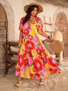 SHEIN Clasi Đầm Maxi In Tua Rua Tay Vai Rộng Viền Vá Nhiều Màu Cho Kỳ Nghỉ Mùa Hè Bãi Biển Size Lớn - Nhiều màu - Xem 5