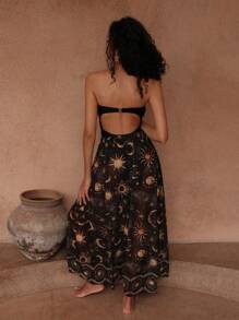 Swim Oasis 春假纯色女士无肩带向日葵装饰连体泳衣和随机印花薄纱沙滩裙，度假和节日波西米亚风格