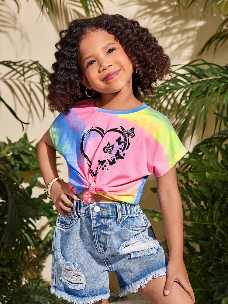 SHEIN 年轻女孩针织圆领心形图案休闲 T 恤 - 彩色 - 查看 4