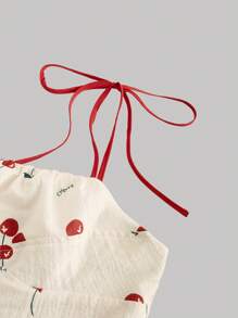 SHEIN MOD 褶饰紧身胸衣蝴蝶结和樱桃印花短款连衣裙 - 杏色 - 查看 3