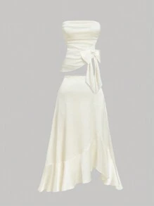 SHEIN MOD Váy Maxi Maxi Không Dây Nơ Màu Mơ, Bộ Trang Phục Thanh Lịch Cho Nữ Cỡ Lớn - Màu be - Xem 5