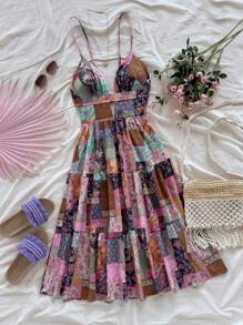 Soleia Women's Vacation Spaghetti Strap V-Neck Hollow Backless Mid-Calf Dress, Colorful Vintage Folk Pattern Patchwork Print, No Chest Padding - Multicolor - View 5