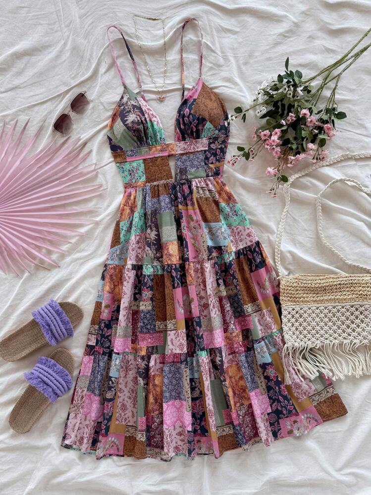Soleia Vestido de mujer con tirantes finos, cuello en V, espalda descubierta y largo hasta la pantorrilla para vacaciones, con estampado folclórico vintage de retazos de colores, atuendo de verano - Multicolor - Añade 5