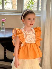 LMoss Kids LMoss Young Girl Woven Solid Color Ruffle Trim Casual Shirt - Yellow - View 8