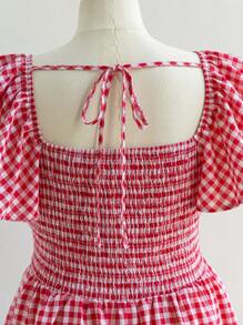 Soleia Plus Size Women's Boho Vacation Rustic Romantic Red Plaid Sweetheart Neck Ruffle Short Sleeve Waisted A-Line Dress, For Summer - Multicolor - View 3