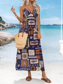 SHEIN VCAY Woven Print Backless Women Long Dress