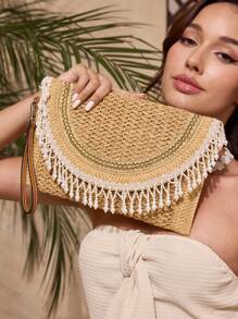 SHEIN VCAY Paper Woven Party Clutch Purse, Women's Fashion Minimalist Solid Color Wallet, Suitable For Summer Vacation And Travel, Straw Wallet, Straw Beach Bag, Beach Essentials, Summer Necessities, Best For Beach Vibe, Decorated With Pearl Tassel