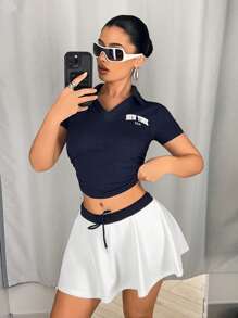 SHEIN ICON Women Y2k Short Sleeve Letter Print T-Shirt And Contrast Color Mini Tennis Skirt 2pcs Set,Everyday Wear,Sporty Style
