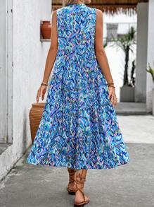 Breezaya V 领全印花宽松无袖连衣裙，带流苏和荷叶边，超长度假海滩装女装 - 藍色 - 查看 2