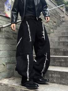 Manfinity EMRG Men's Contrast Color Block Pocket Casual Loose Fit Jeans, Emo Style, Grunge - Black - View 3