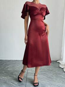 DAZY Ankle-Length Fitted Red Dress With Mesh Ruffle Trim, Suitable For Parties, Dates, And Nights Out Prom Dress Sundress Wedding Women Dresses Christmas - Burgundy - View 1