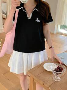 DAZY Women's V-Neck Lace Patchwork Color Blocking Casual Short Sleeve T-Shirt - Black - View 2