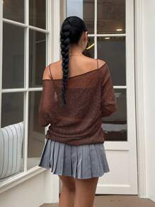 SHEIN EZwear 女士纯色斜肩长袖休闲上衣，适合度假穿着 - 棕色 - 查看 2
