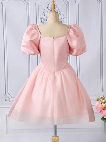 Vestido estilo cosecha mini de satén para adolescente con mangas abullonadas Y2K - Rosa - Ver 2