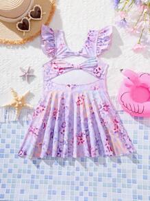SHEIN Young Girl Leopard Print Hollow-Out One-Piece Swimsuit