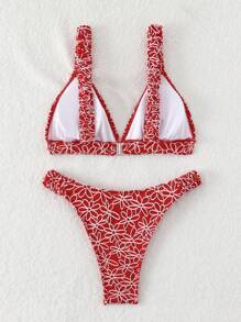 Swim Mod Women Summer Vacation Textured Floral Printed 2pcs Casual Resort Beachwear Bikini Set - Red and White - View 4