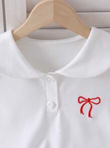 青少年女孩甜美休闲海军蓝领短袖刺绣蝴蝶结短款上衣和松紧腰短裙套装，夏季