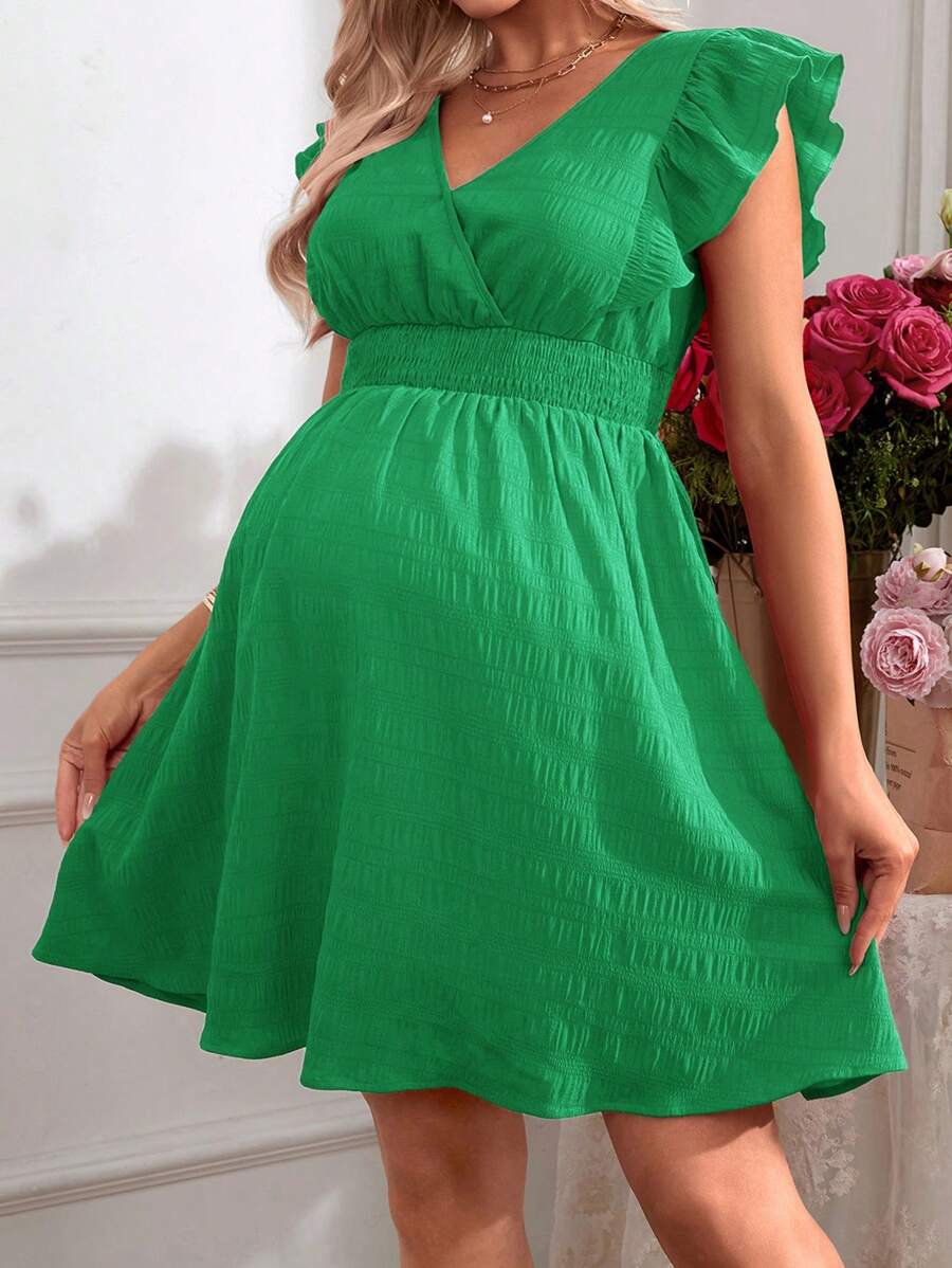 SHEIN Maternity Solid Color Casual Romantic Holiday Ruffle Sleeve V-Neck Blouse - Green - View 1