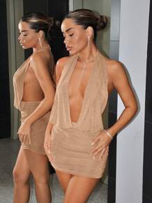 SHEIN ICON Đầm dự tiệc gợi cảm bán chính thức cổ chữ V Y2K cho nữ màu đỏ Giáng sinh - Màu be - Xem 3