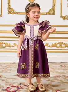 SHEIN Leap Crew Baby Girl Elegant & Graceful Ruffle Patchwork Fitted Mid-Length Dress - Purple - View 7