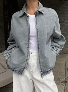 DAZY 女式翻领拉链宽松牛仔夹克，秋装 - 中等水洗藍 - 查看 7