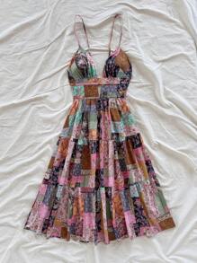 Soleia Women's Vacation Spaghetti Strap V-Neck Hollow Backless Mid-Calf Dress, Colorful Vintage Folk Pattern Patchwork Print, No Chest Padding - Multicolor - View 3