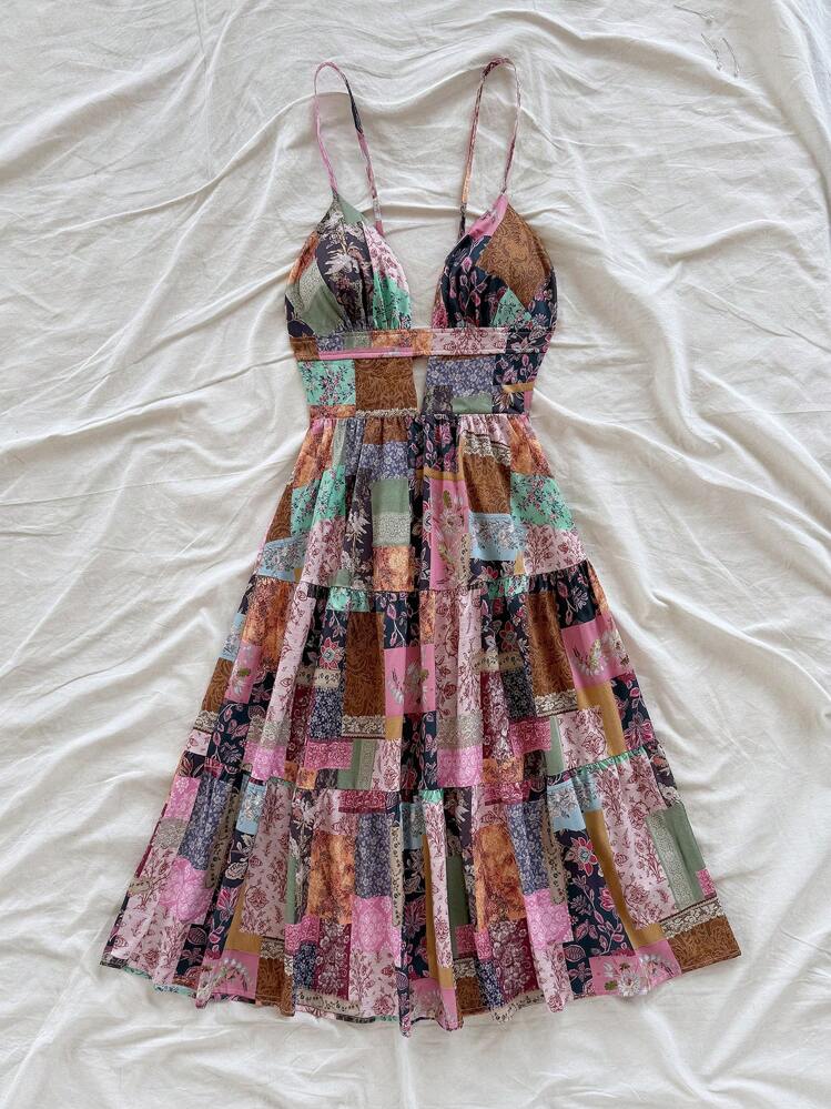 Soleia Vestido de mujer con tirantes finos, cuello en V, espalda descubierta y largo hasta la pantorrilla para vacaciones, con estampado folclórico vintage de retazos de colores, atuendo de verano - Multicolor - Añade 3