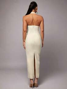 Silquee Solid Color Cream Romantic Valentine's Day & Date Night Vacation Women's Linen Color Pleated Hem Halter Dress, Valentine's Day Dress, Twill Party Dress, Romantic Date Dress, Wedding Bridesmaid Maxi Dress, Formal Ball Gown Dress, Casual Work Dress, White Dress, Birthday Maxi Dress, Vacation Dress,Sexy Office Wear,Old Money,Festival Outfits,Summer Classic,Old Money Style Maxi Dress,Twill Maxi Dress,Casual Office Maxi Dress,Linen Color Dress - White - View 2
