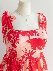 Soleia Vestido corto de línea A con cuello cuadrado, sin mangas, con lazo, cintura ajustada y estampado floral bohemio, en estilo romántico campestre para mujer de talla grande, para el verano